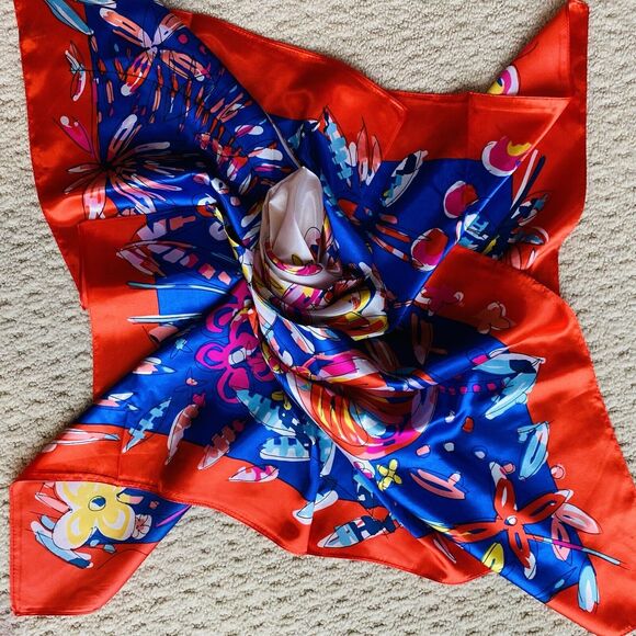 Blue & Red Silky Feel Satin Scarf Colorful Bandana Modern Art Floral 36” Square - Picture 7 of 8
